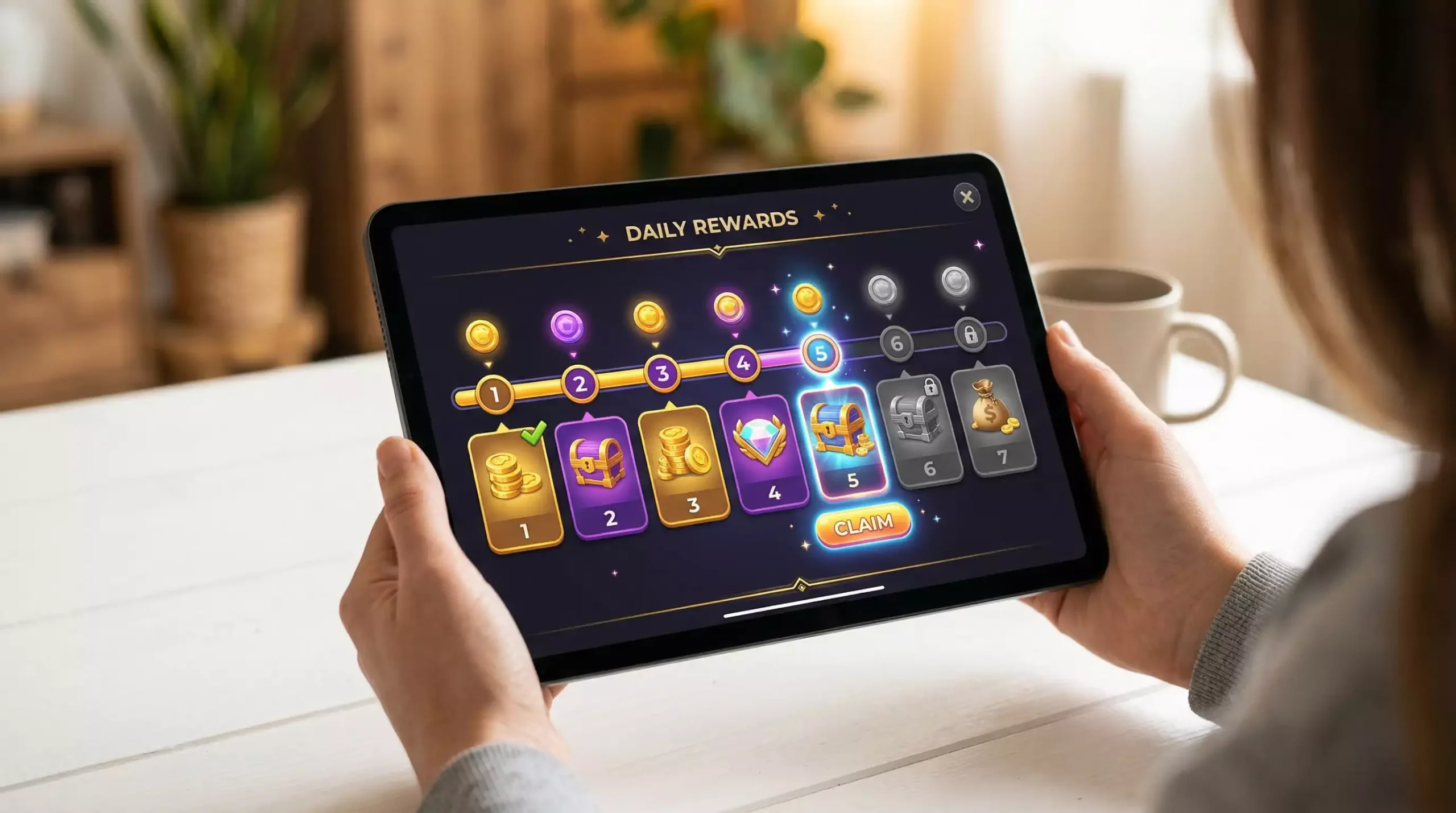 Sweepstakes casino bonus calendar showing seven-day login streak progress
