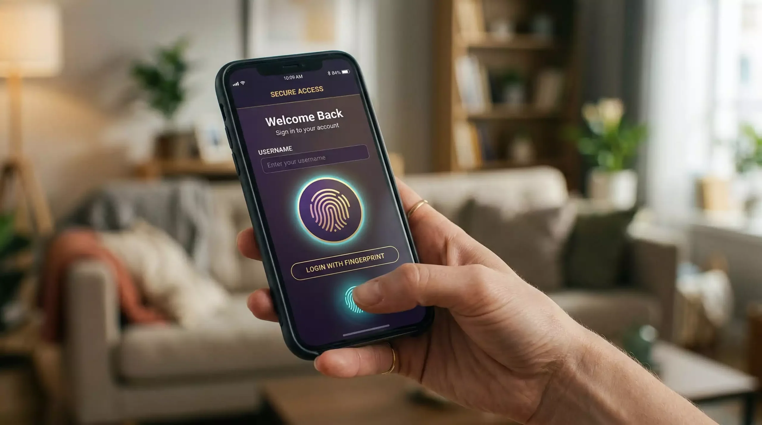 Hand holding smartphone showing sweepstakes casino app with biometric login