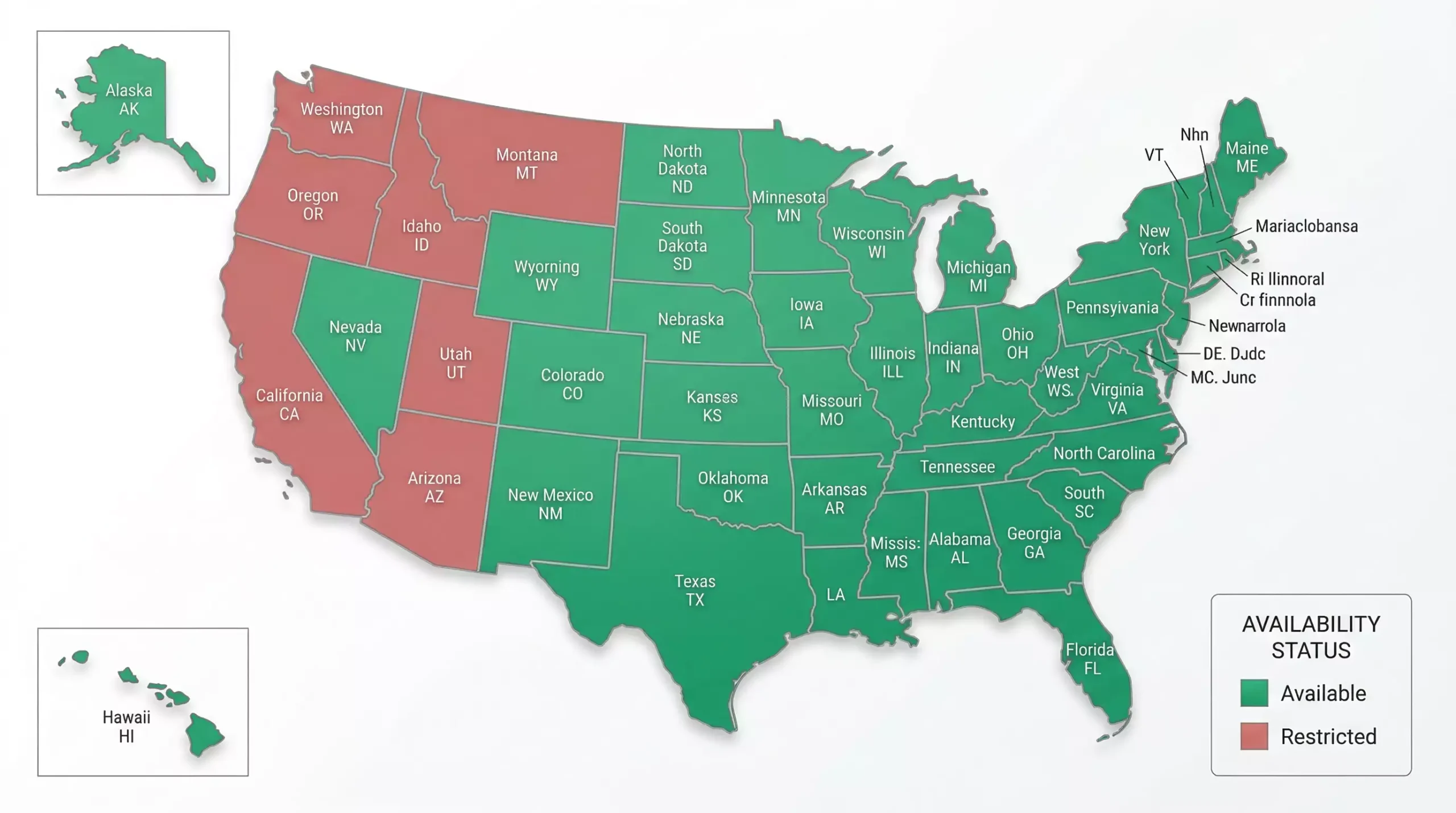 US map highlighting states where sweepstakes casinos are available in 2026