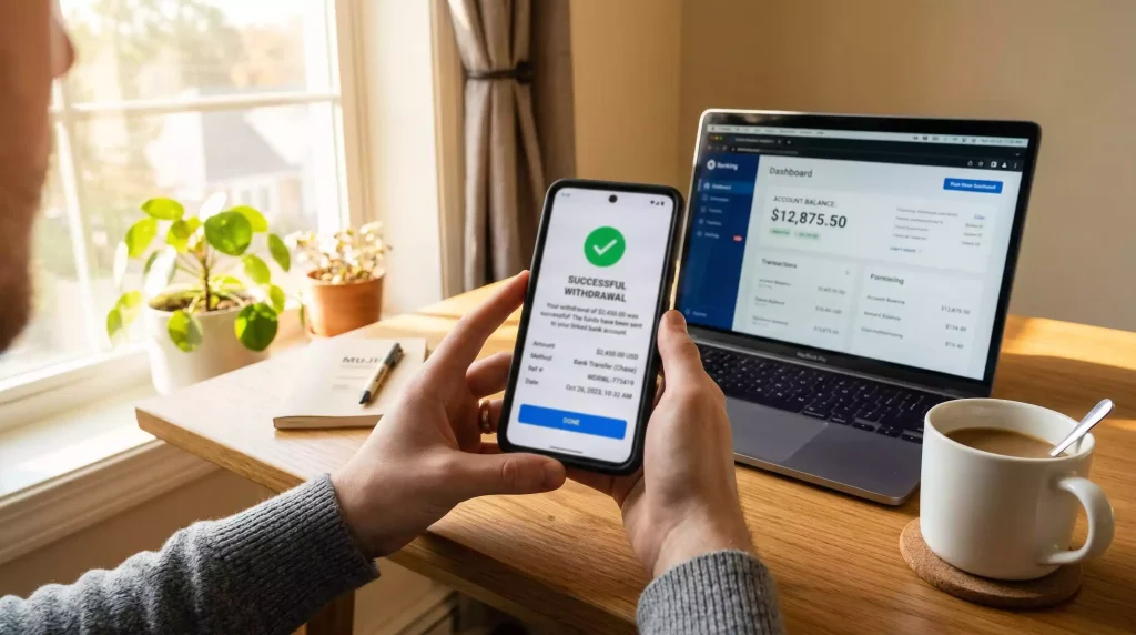 Person checking bank account after Sweeps Coins redemption