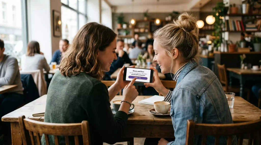 Friends sharing referral link on smartphones