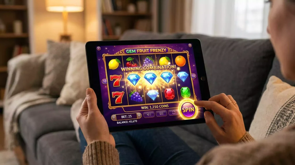 Colorful slot game reels on tablet screen