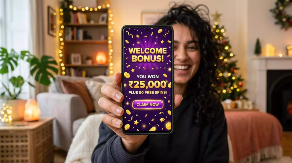 Welcome bonus celebration screen at sweepstakes casino