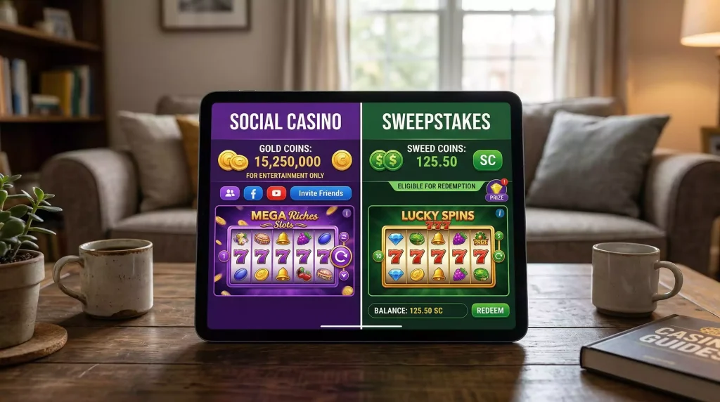 Comparison between sweepstakes casino and social casino showing currency differences and prize redemption options